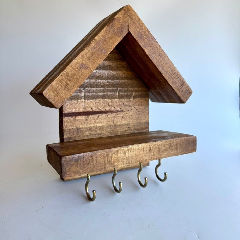 Porta Chave Casinha com 4 Ganchos e Suporte Madeira