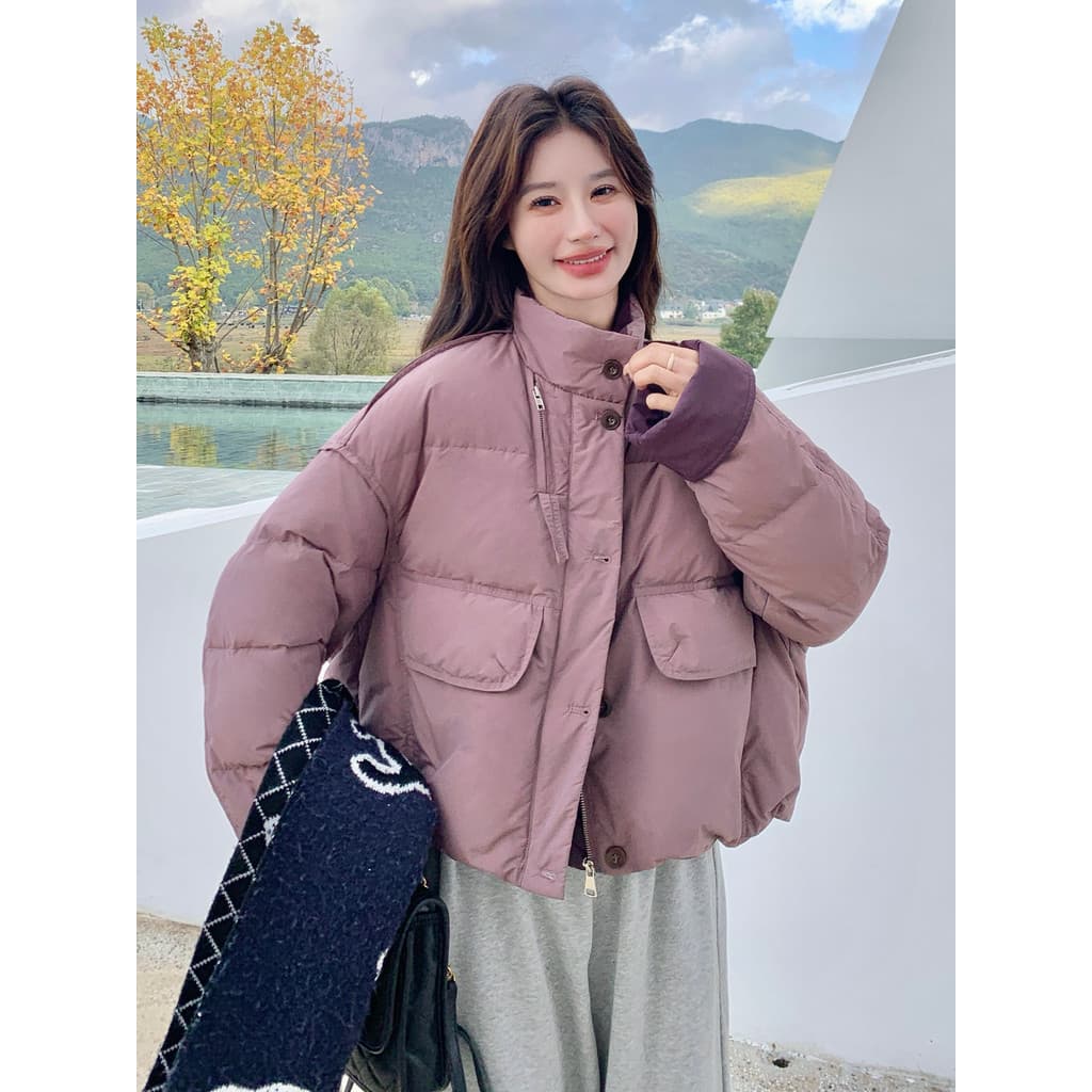 2025 inverno estilo coreano estilo preguiçoso gola curta jaqueta estilo doce roxo quente 90 pato branco jaqueta de pão