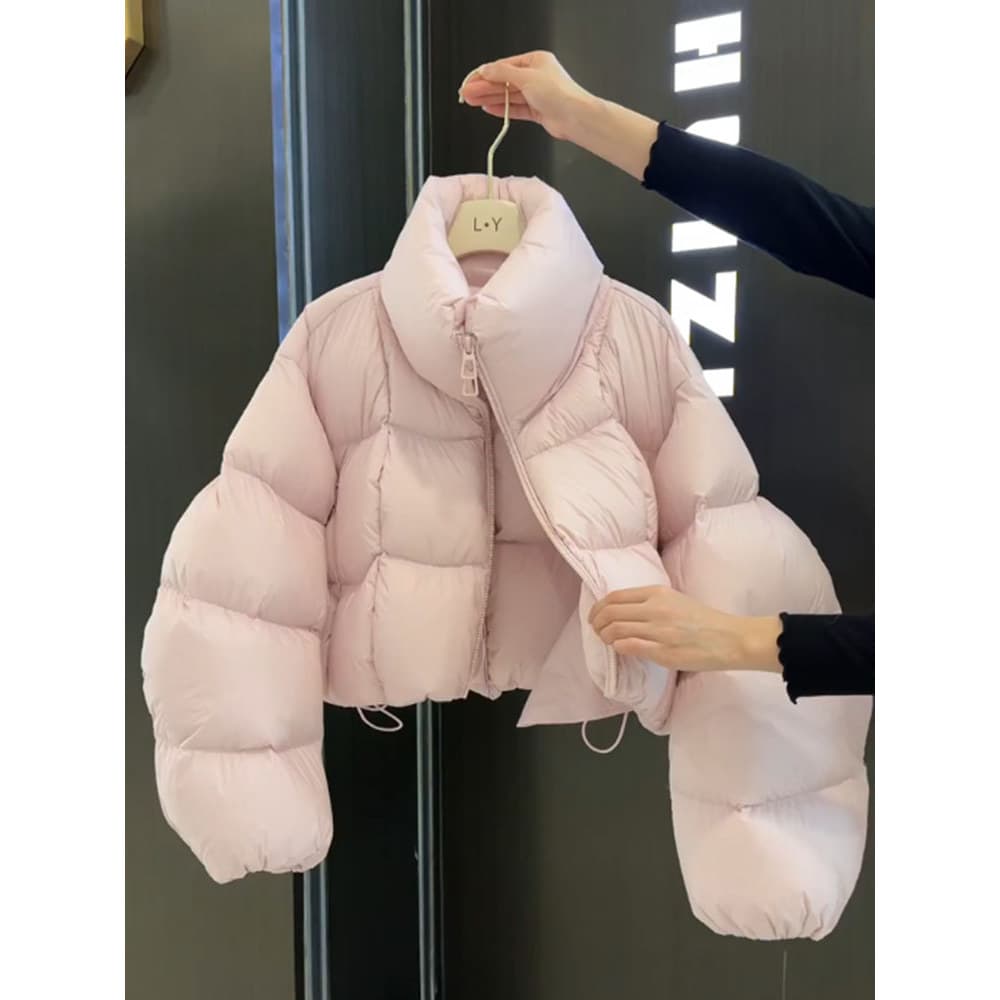 Rosa curto Puff para baixo jaqueta feminina inverno 2025 novo estilo pequeno pato branco para baixo versão coreana gross