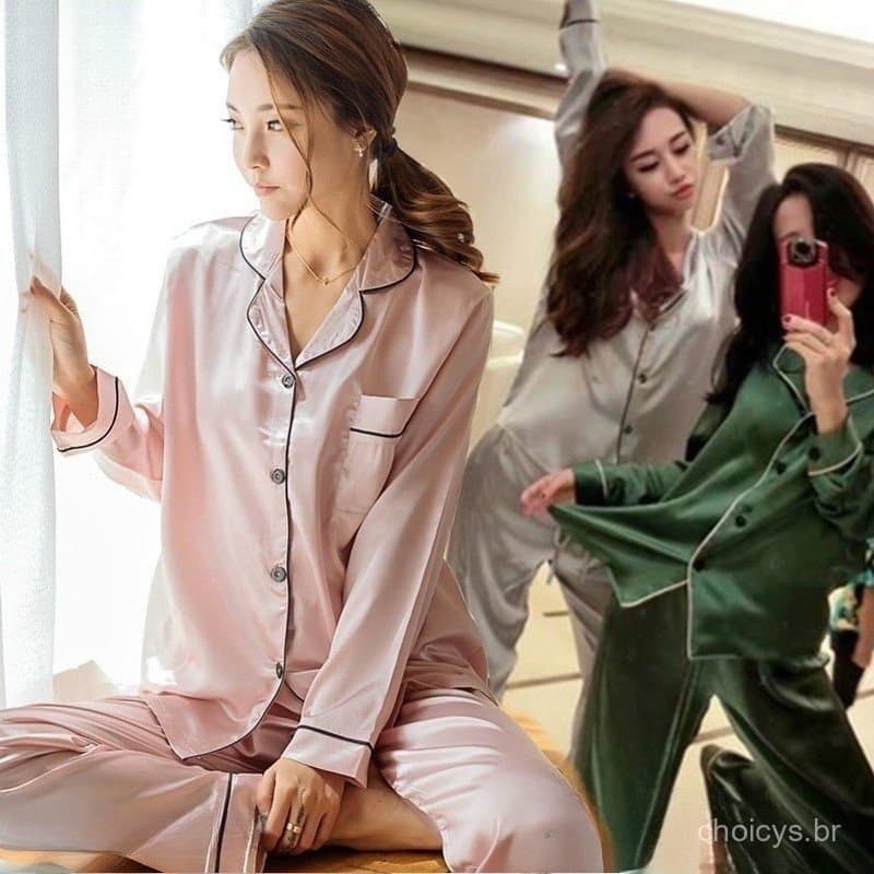 Pijamas de Cetim e Seda para Mulheres Conjunto de Pijamas de Manga Longa/Seda 010 SS 5142