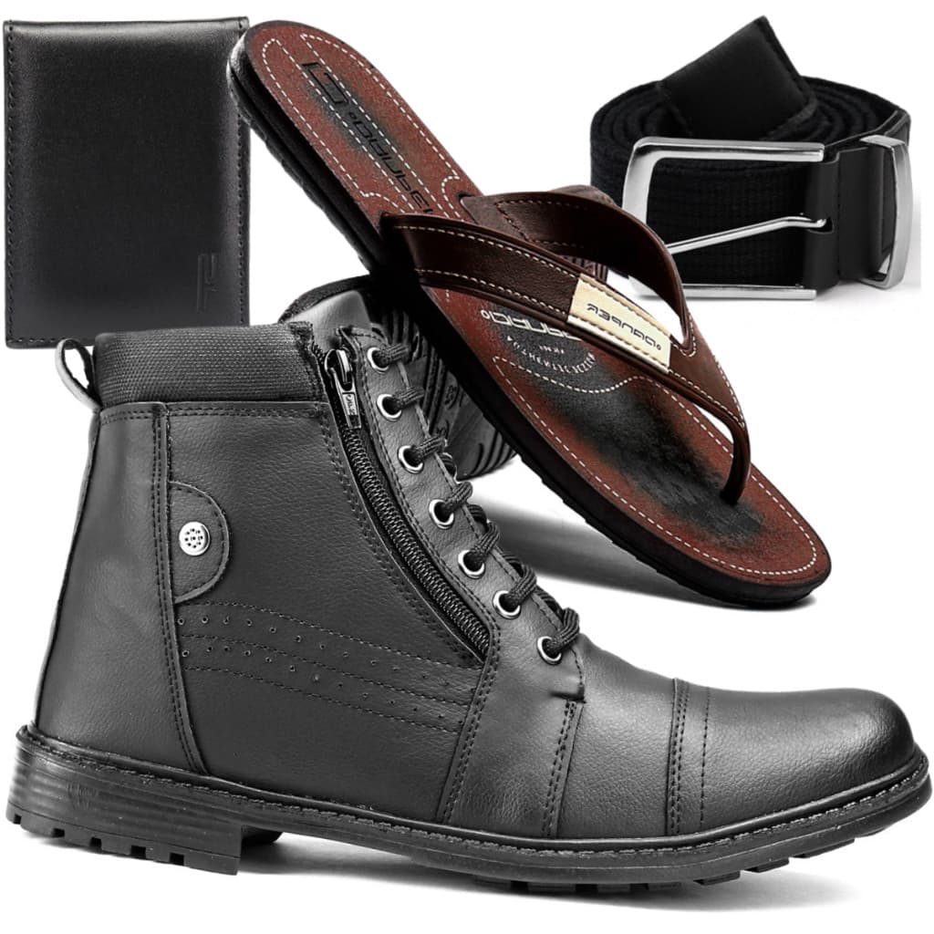 Combo Masculino 4 em 1: Bota Coturno Preta com Zíper Lateral + Chinelo, Cinto e Carteira