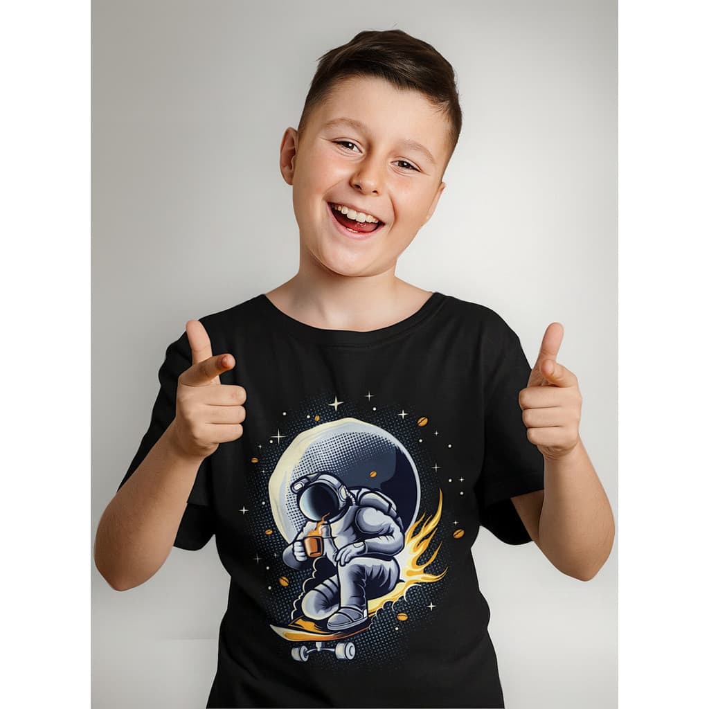 Camiseta Infantil Menino 2 Ao 16 Astronauta Skate Café Lua Em Alta Algodão Juvenil Qualidade Nasa