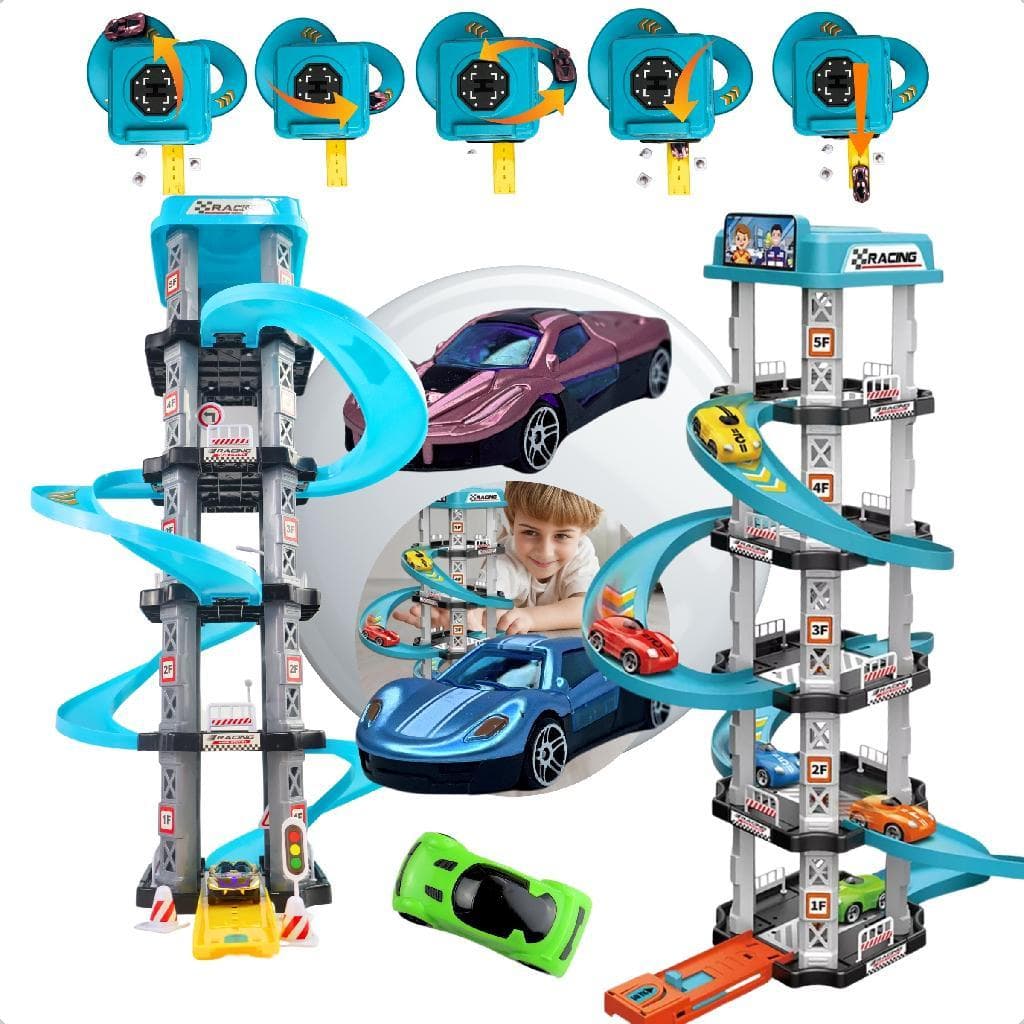 Brinquedo Educativo Pista De Corrida Infantil Peças Com Rampa Espiral 5 Andares E Dois Carrinhos
