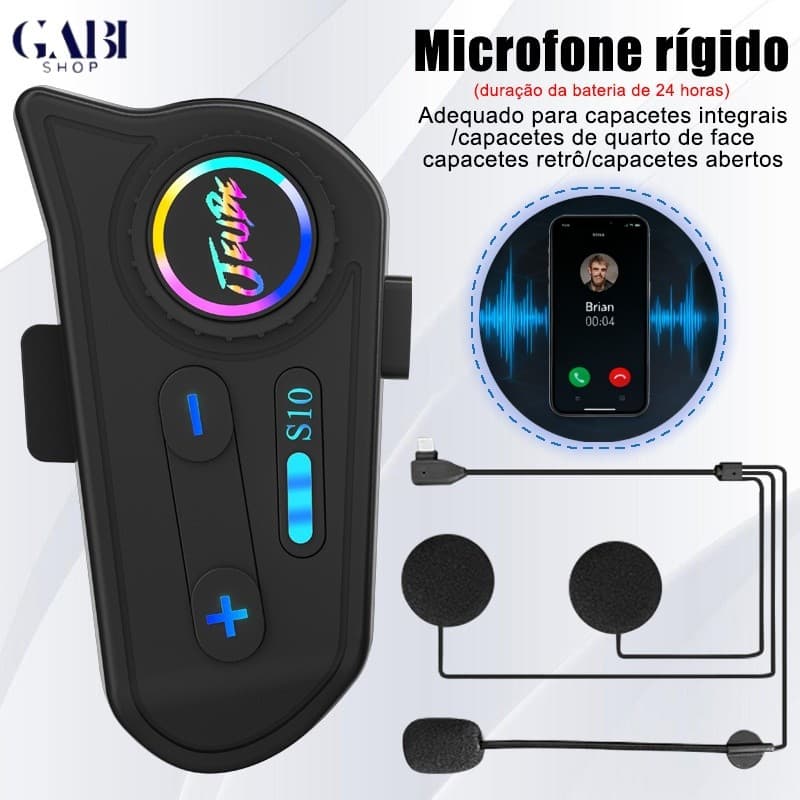 S10 Intercom Bluetooth 5.4 para Capacete Moto IP67, 24h Bateria, Cancelamento de Ruído, Chamadas e Música GABI