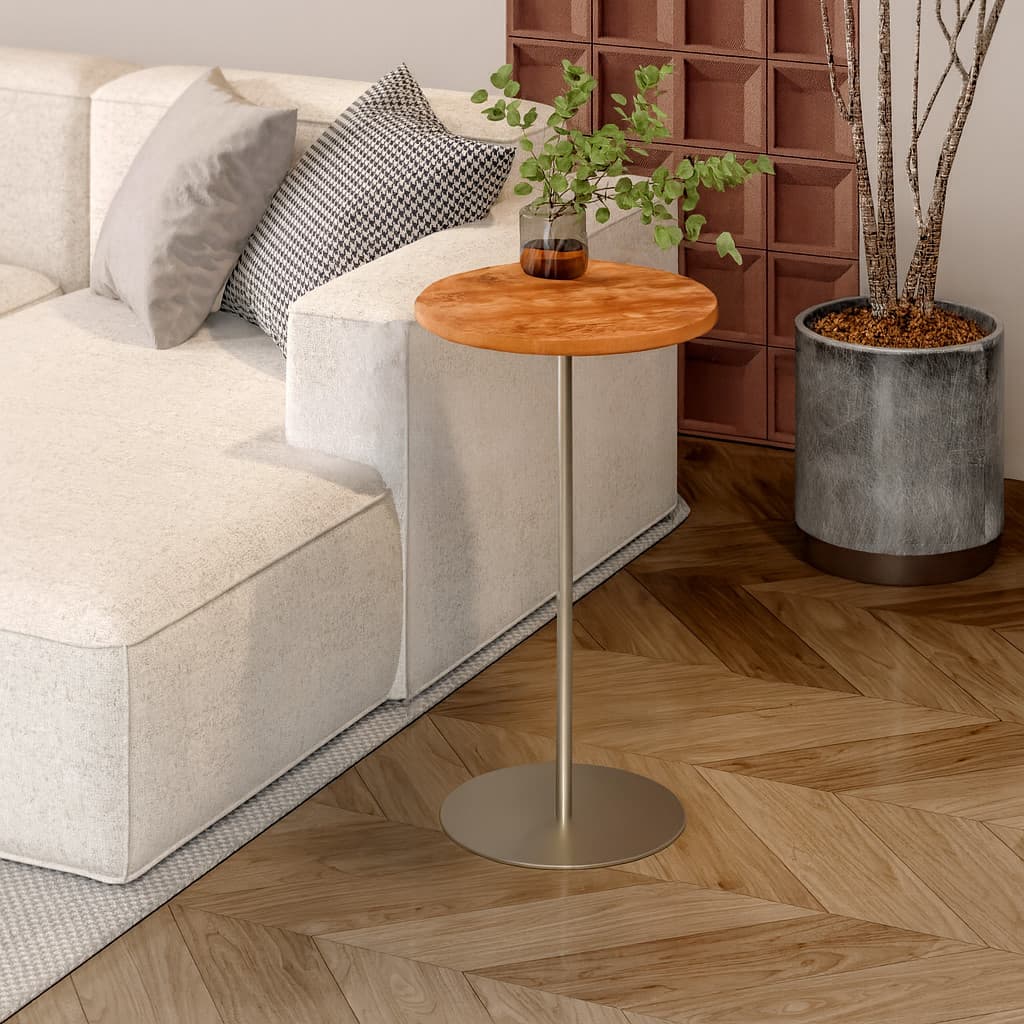 Mesa Mesinha de Canto Apoio Lateral Decoração Base Metal Champanhe Tampo Cinamomo