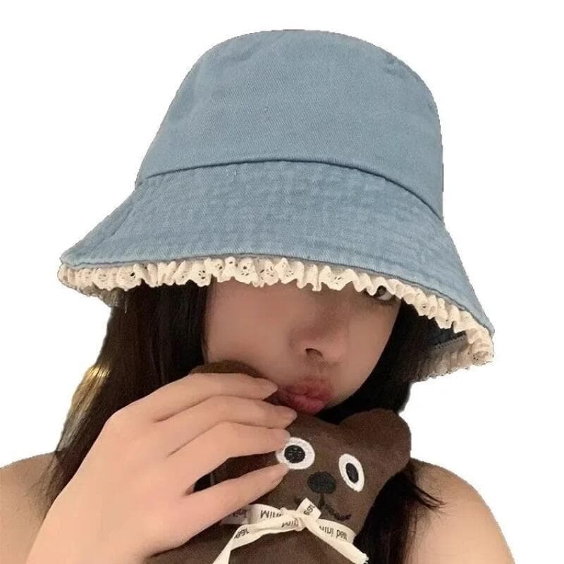 Denim Bucket Caps Cute Lace Trimmed Fisherman's Cap Women's Sun Protection Sun Hat Outdoor Shade College Style*-*&&&-&&-