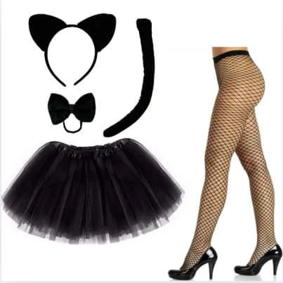 kit com 5 Peças Gatinha gato + Meia Rastão + Saia 40cm Black Para Carnaval