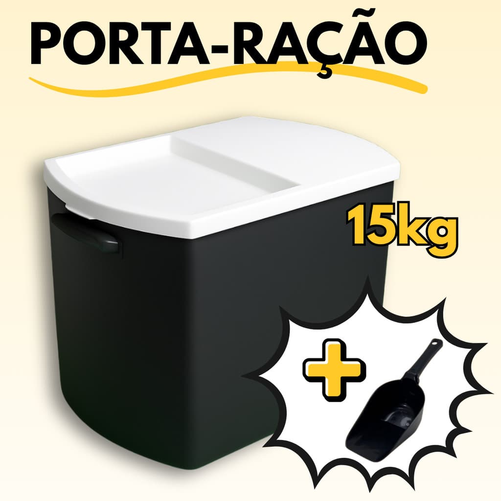 Canister Porta Ração Plástico Com Tampa + Pá Dosadora Container Preto 15 Kg