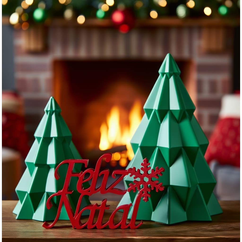 Enfeite De Mesa Ceia Kit 2 Árvores De Natal 3d Com Letreiro Verde Verde