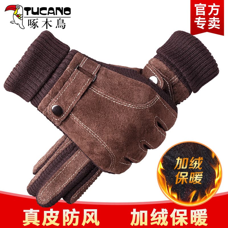 Woodpecker luvas de couro dos homens inverno ciclismo velo ciclismo motocicleta engrossado tela toque couro genuíno quen