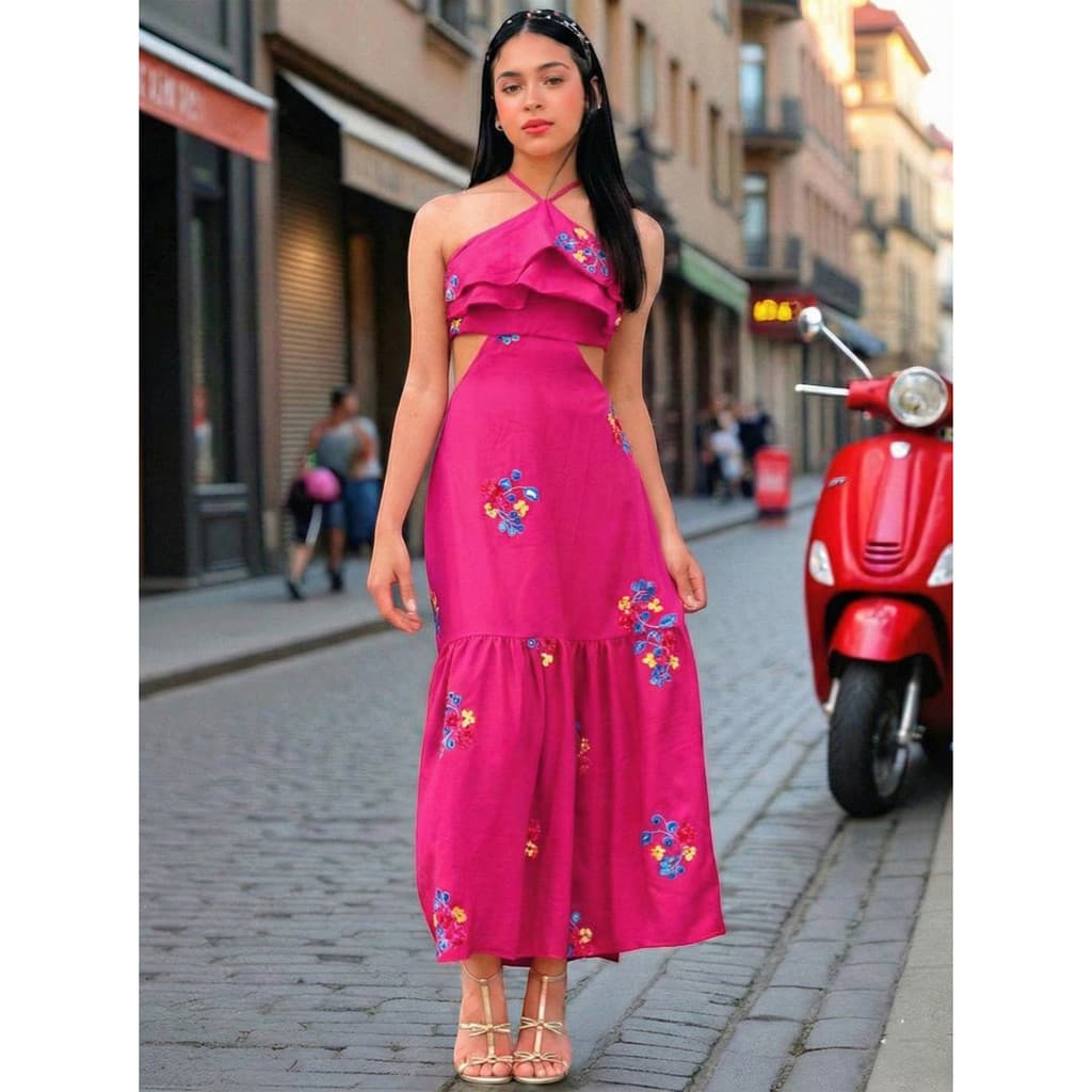 Vestido Longo Feminino Infantil Juvenil Floral com Bordados – Casual, Elegante, Confortável
