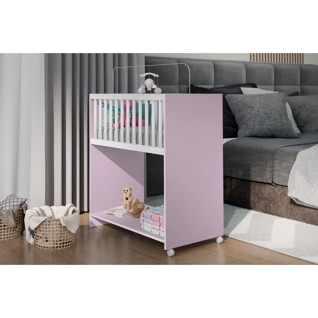 Mini Berço Multifuncional com Colchão 2 em 1 Escrivaninha Quartos Pequenos Rosa-Branco