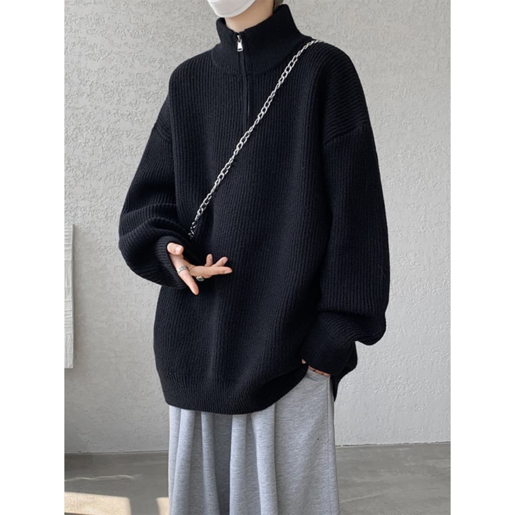H meio zíper gola alta cor sólida camisola masculina inverno interior solto pulôver jaqueta de malha tamanho grande Casu
