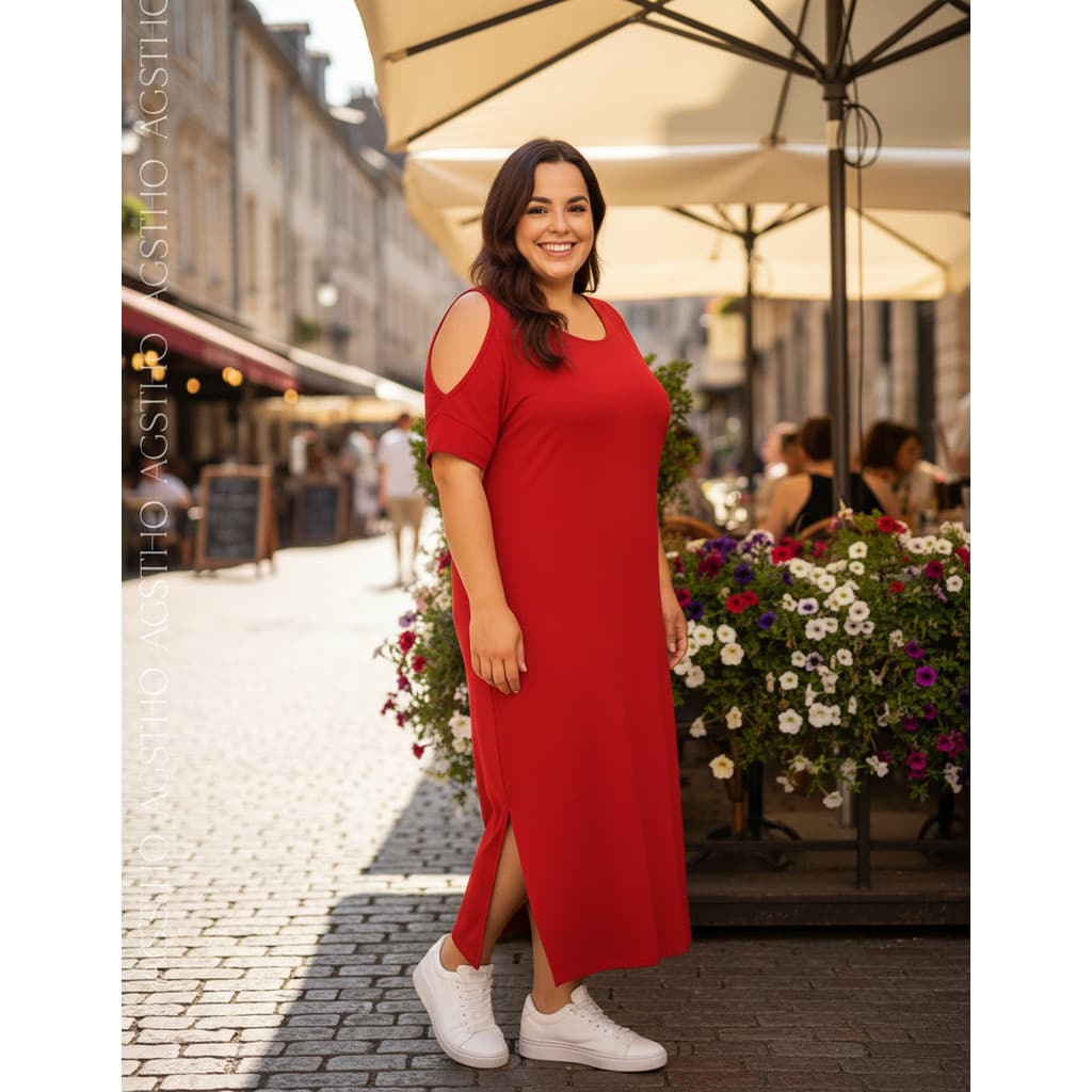 Vestido Plus Size Midi Soltinho Elegante Manga Curta Fendas