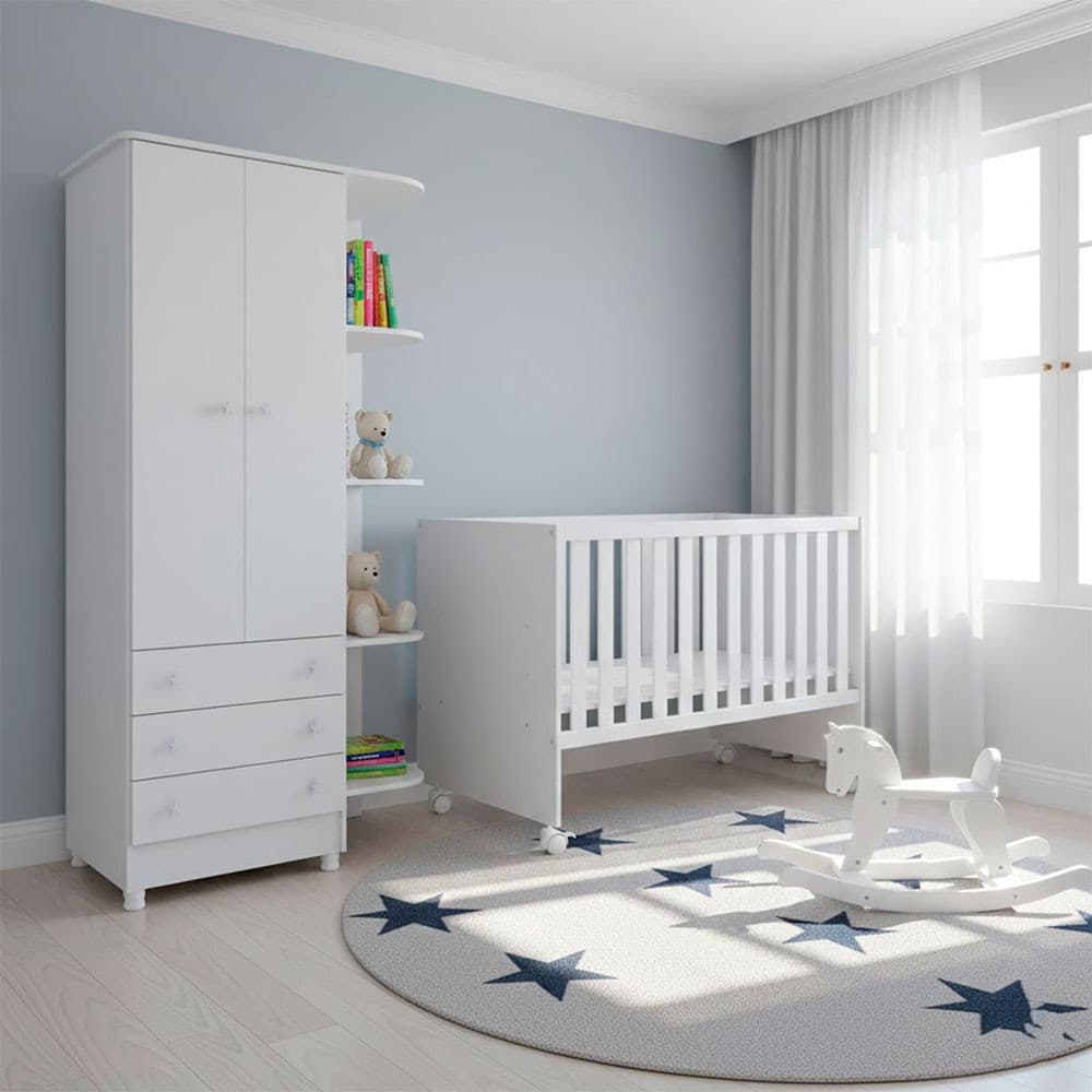 Quarto Bebe Infantil Doce Sonho Berço Reto Rodizio e Guarda Roupas 2 Portas 3 Gavetas Qmovi
