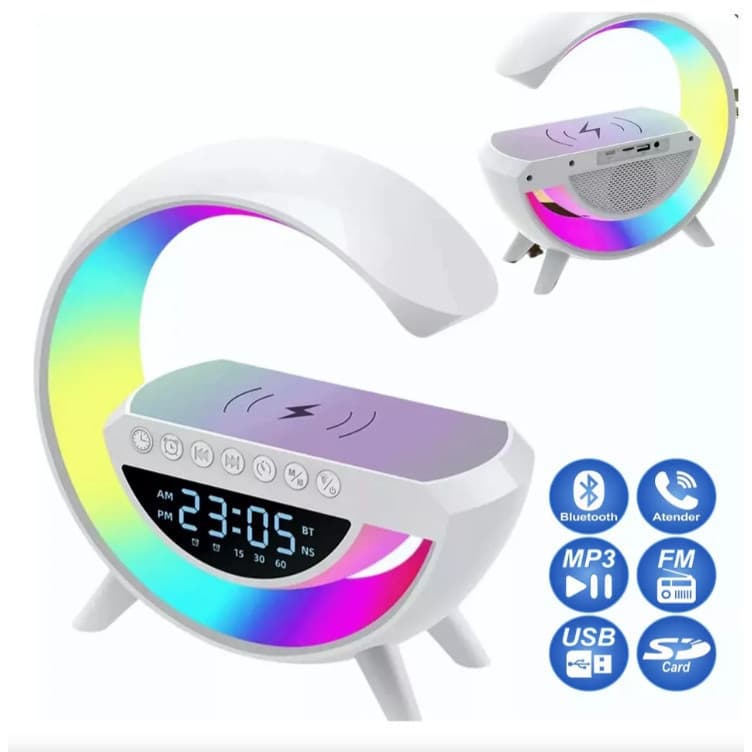 Caixa de Som com Relógio e Luminária G RGB Colorida Bluetooth Carregamento por Indução
