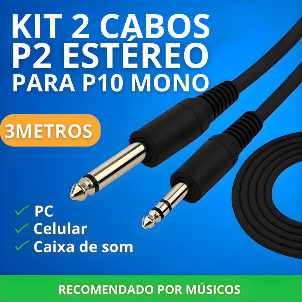 Kit 2 Cabos P2 Estéreo Macho Para P10 Macho Mono 3 Metros P2 P10 Áudio Som Profissional Instrumentos