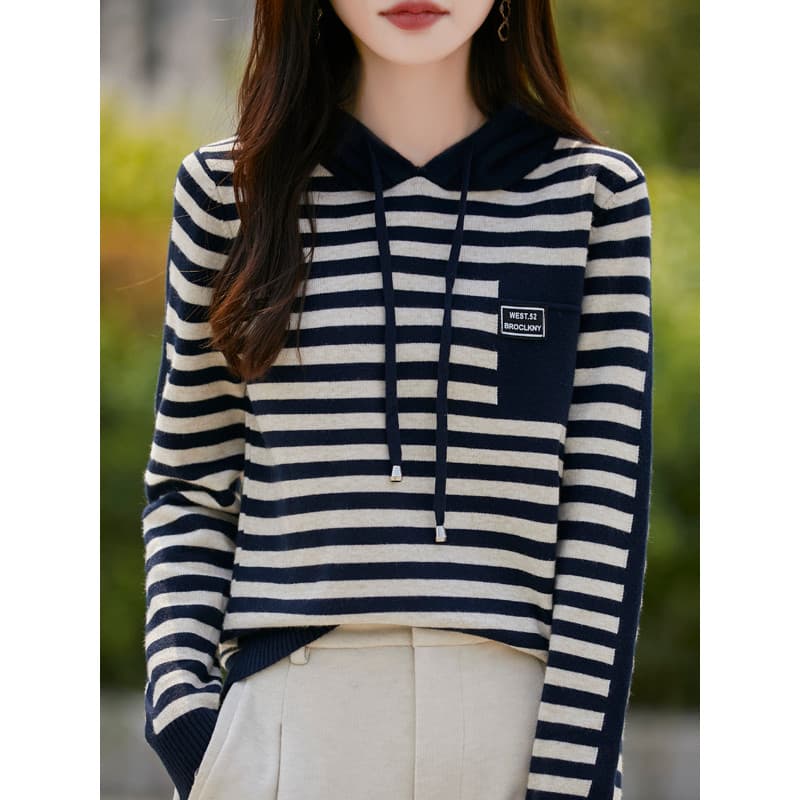Outono inverno novo estilo listrado camisola com capuz feminino solto interior Wear redução de idade camisola com capuz