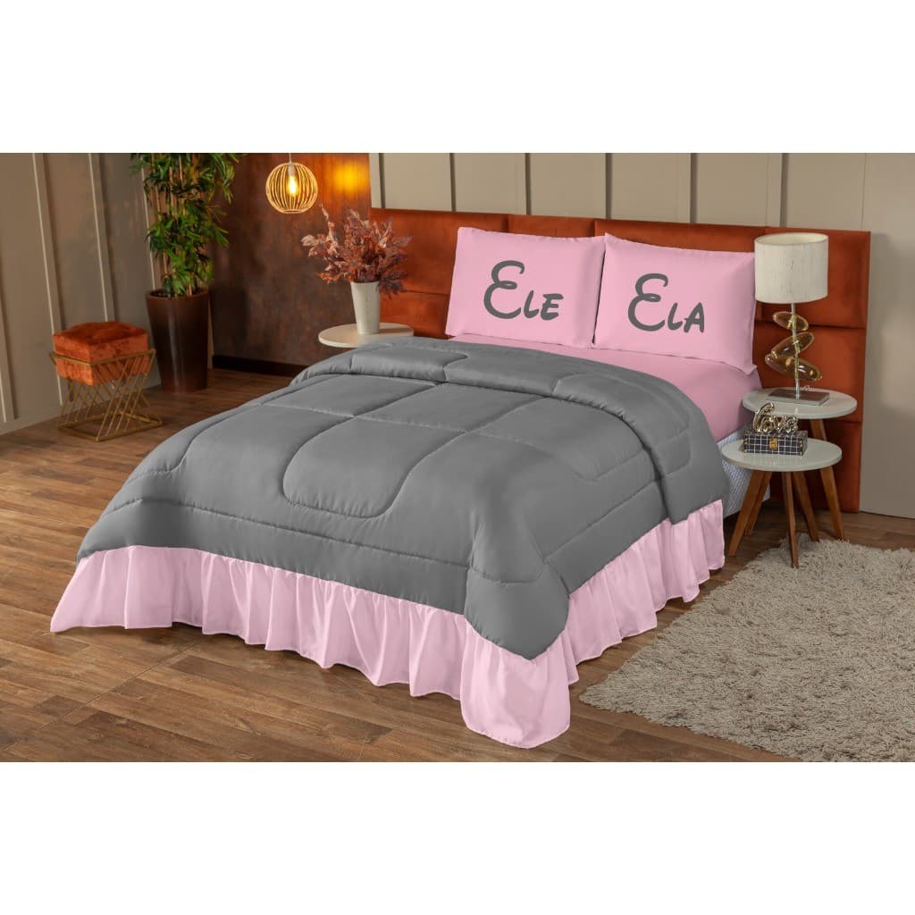 Kit Colcha Cobre Leito Casal Queen Estampado ( Ele & Ela ) 03 Peças