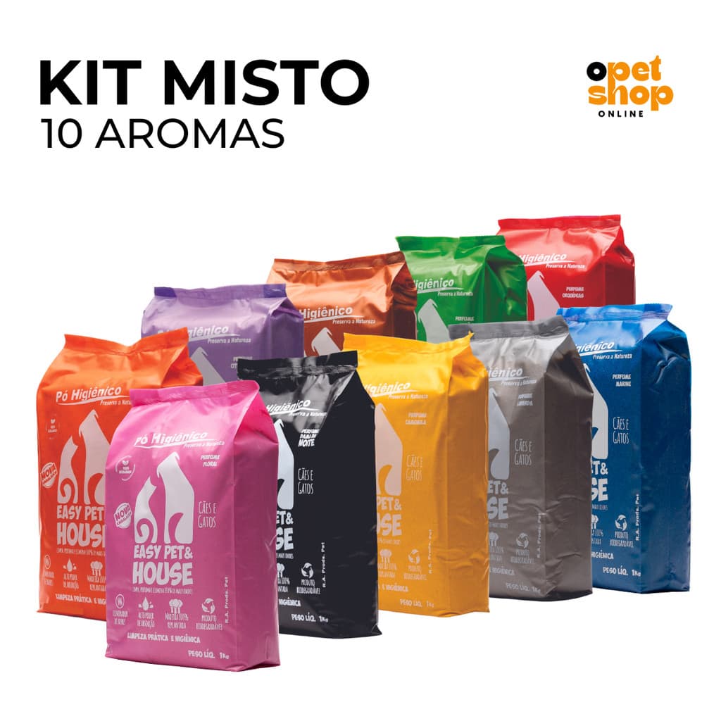 Kit com 10 Aromas EasyPet 1Kg - Pó Higiênico Eliminador de Odores para Cães e Gatos