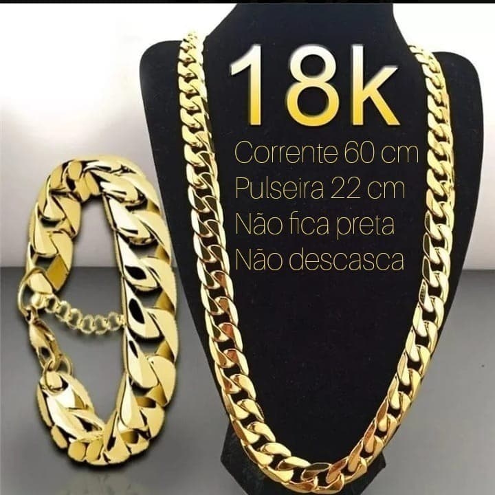 Conjunto Corrente E Pulseira Grossa Folheada A Ouro 10 Mm Infantil Unissex