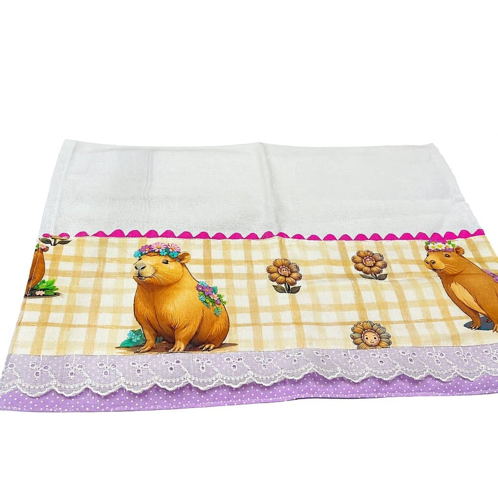 Pano de Copa 50x70cm Estampado Capivara com Renda