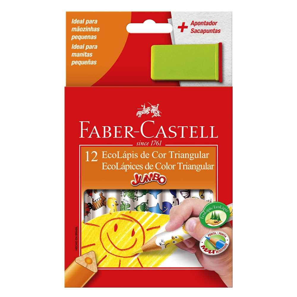 Lápis de Cor Jumbo Faber-Castell Ecolapís Triangular 12 Cores + Apontador