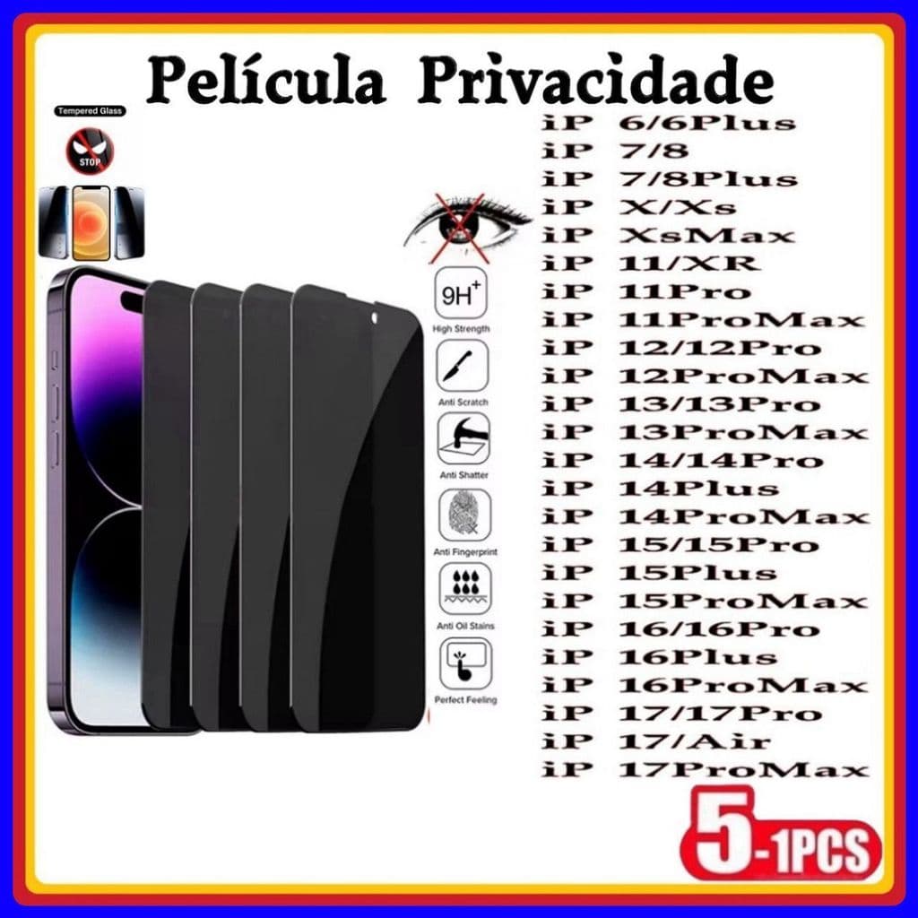 Película de Privacidade 3D Vidro Temperado Anti Spy Para iPhone Todos Modelos iphone 17 17promax 16 15 14 13 12 11 XR