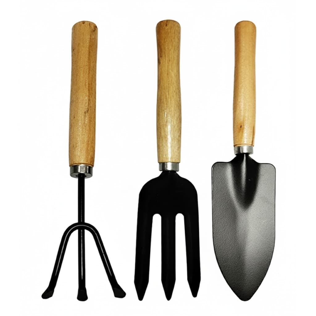 Kit Para Jardim Pá Garfo Ancinho Rastelo Cabo Madeira 3 Pçs