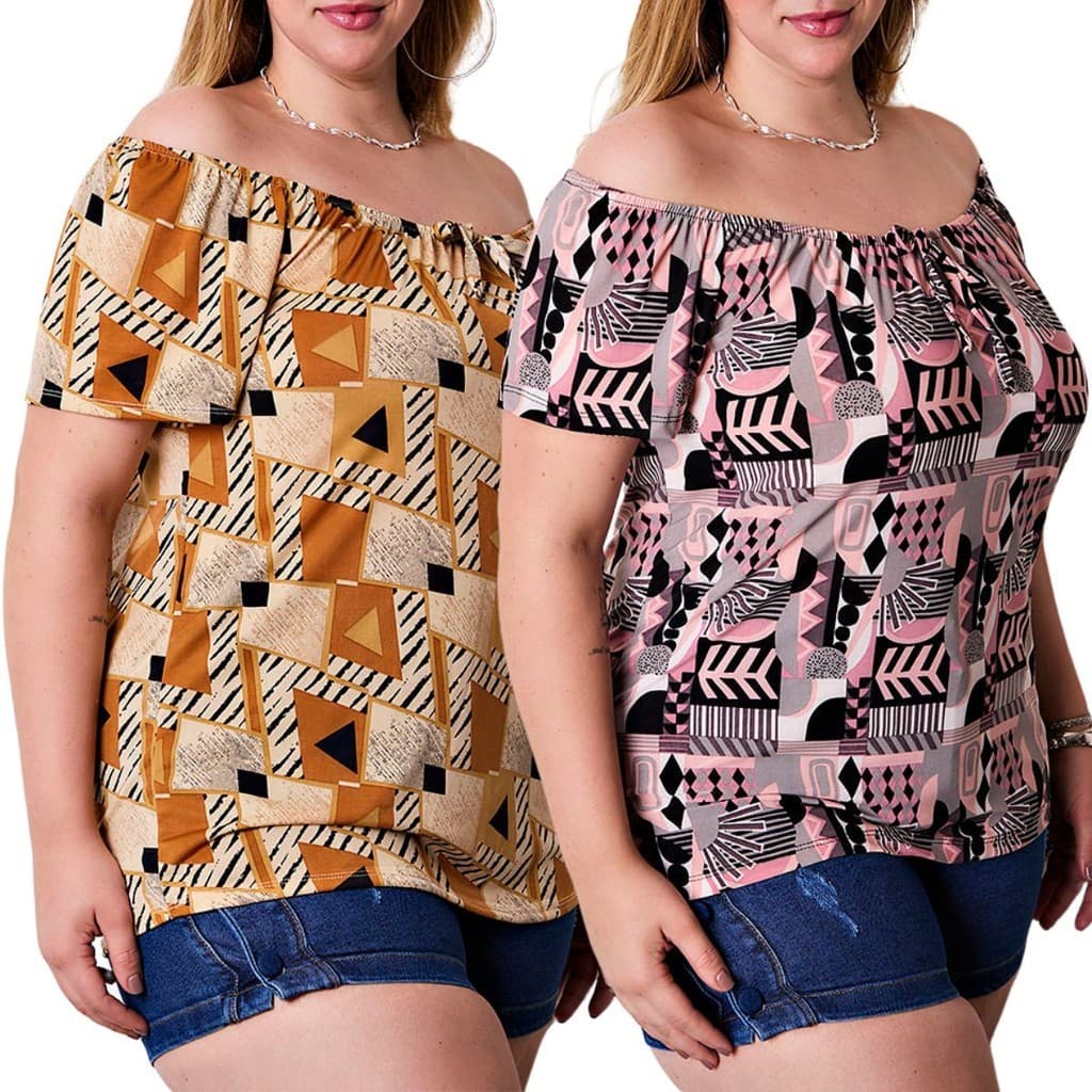 Kit 2 Blusas Ciganinha Plus Size Estampa Confortável Ombro a Ombro