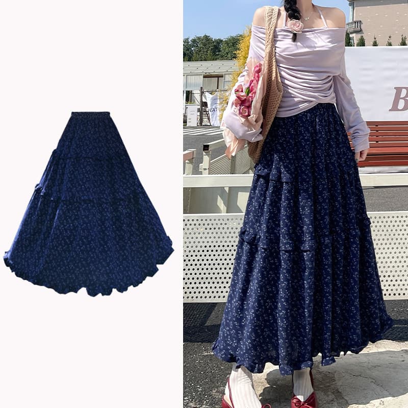 Saia longa feminina verão coreano Retro azul Floral cintura alta a linha saia lazer estilo preguiçoso menina saia longa