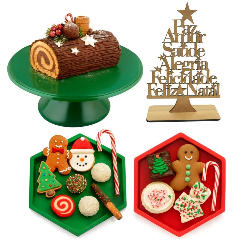 Kit Decoração de Mesa Natal com Boleira 26cm, 2 Bandejas 17cm e Árvore de Natal 15x10cm para Festas