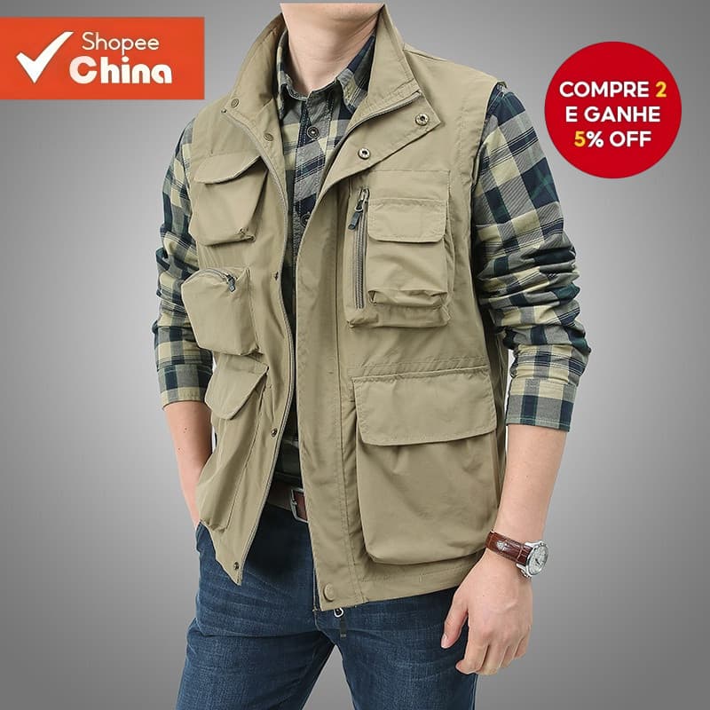 [Bolsa Multifuncional] Colete Masculino Impermeável e à Prova de Vento para Pesca Colete de Verão em Malha Colete Laze M