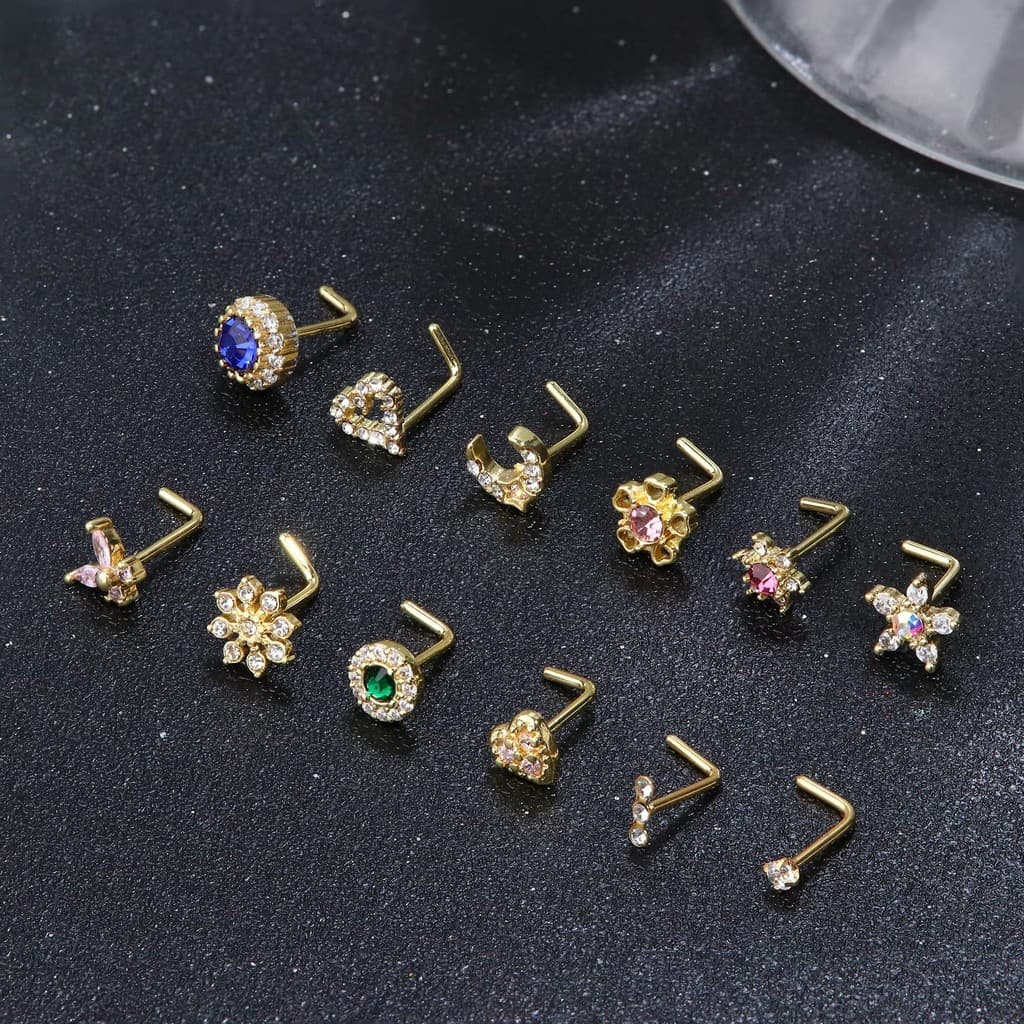 Joias para Piercing de Nariz, Agulha em L, Stud de Nariz, Coração de Natal, Borboleta, Anel de Nariz de Zircônia