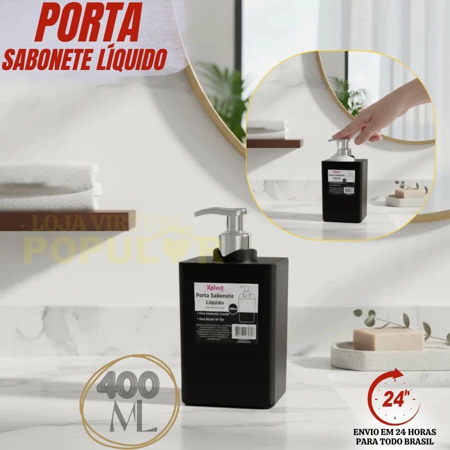 Porta Sabonete Líquido Preto Design Moderno e Resistente Xplast Com Bico Cromado 400ml