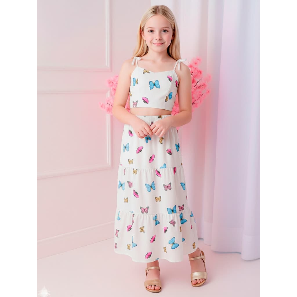 Conjunto Infantil Feminino Cropped e Saia Longa Estampado Borboletas – Moda Kids Verão, Confortável e Estiloso 10 ao 16