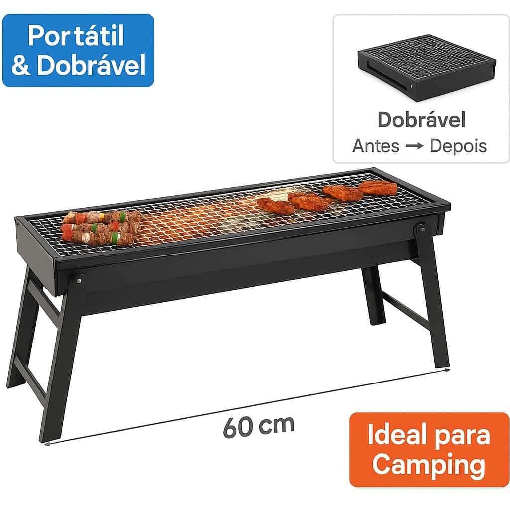Mini Churrasqueira Portátil Dobrável 60cm – Grill a Carvão Ideal para Camping e Praia