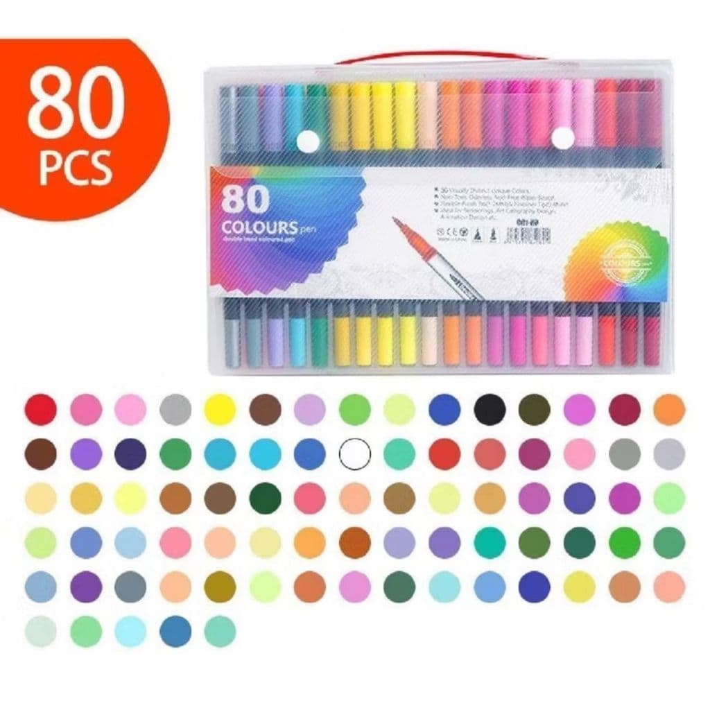 Kit 80 Canetas Ponta Dupla 2 Traços com Maletinha – Para Desenhos e Colorir