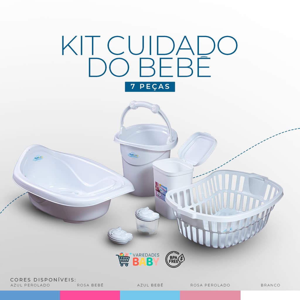 Kit Baby Bacia 17L Cesto Telado 25L Balde 11L Lixeira 4,5L Banheira Saboneteira e Porta Algodão