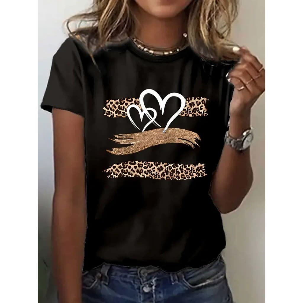 Camiseta Feminina em Algodão T-shirt Coração Leopardo