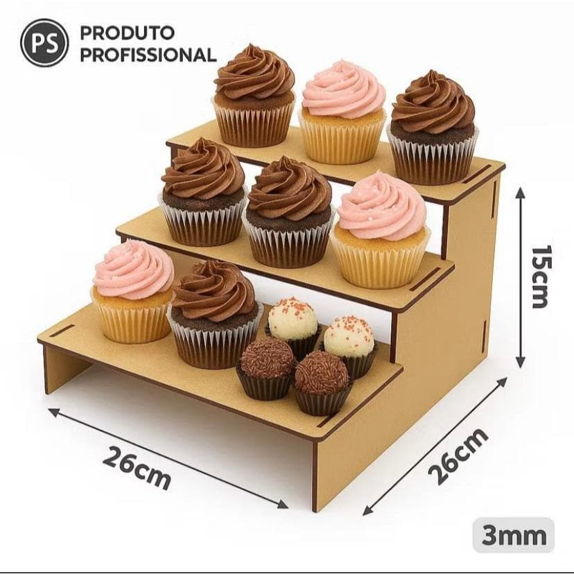 Escada Expositora  MDF 4 Degraus para Doces Cupcakes Festas Aniversário Feira 26x26x15cm