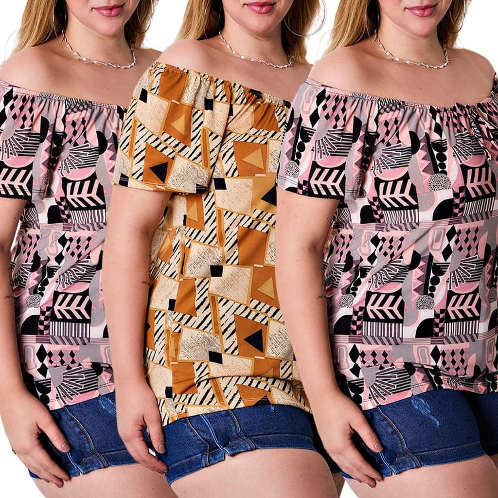 Kit 3 Blusas Bata Ciganinha Plus Size Confortável Liganet Fresquinha Confort Premium