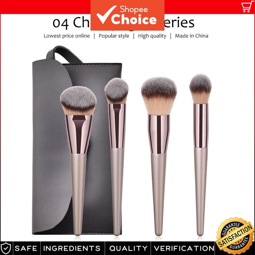 Conjunto De Pincéis De Maquiagem 4 Peças Champanhe + Bolsa Cosmética Inclui Pó Solto , Blush E Pincel De Contornofindcol