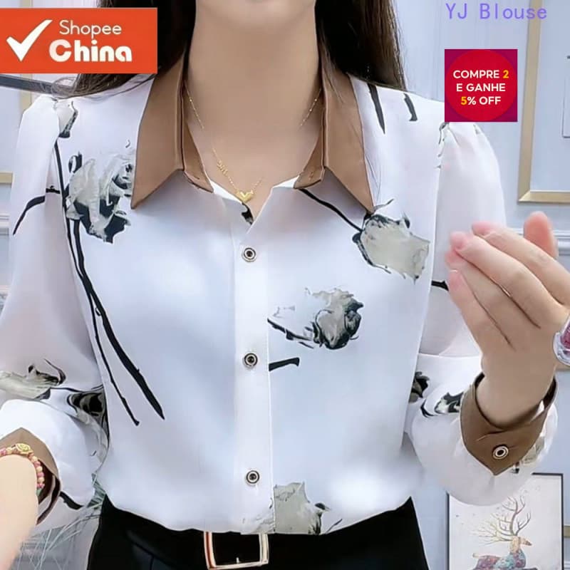 Blusa de Chiffon Estampada Floral Tamanho Grande Mulheres Estilo Coreano Moda Casual Camisa Polo 9LWR