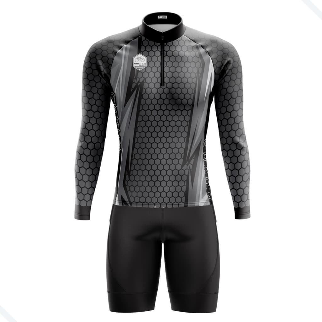 CONJUNTO CICLISMO MASCULINO BERMUDA E CAMISA MANGA LONGA ABELHAS NEGRAS COM BOLSOS UV50+