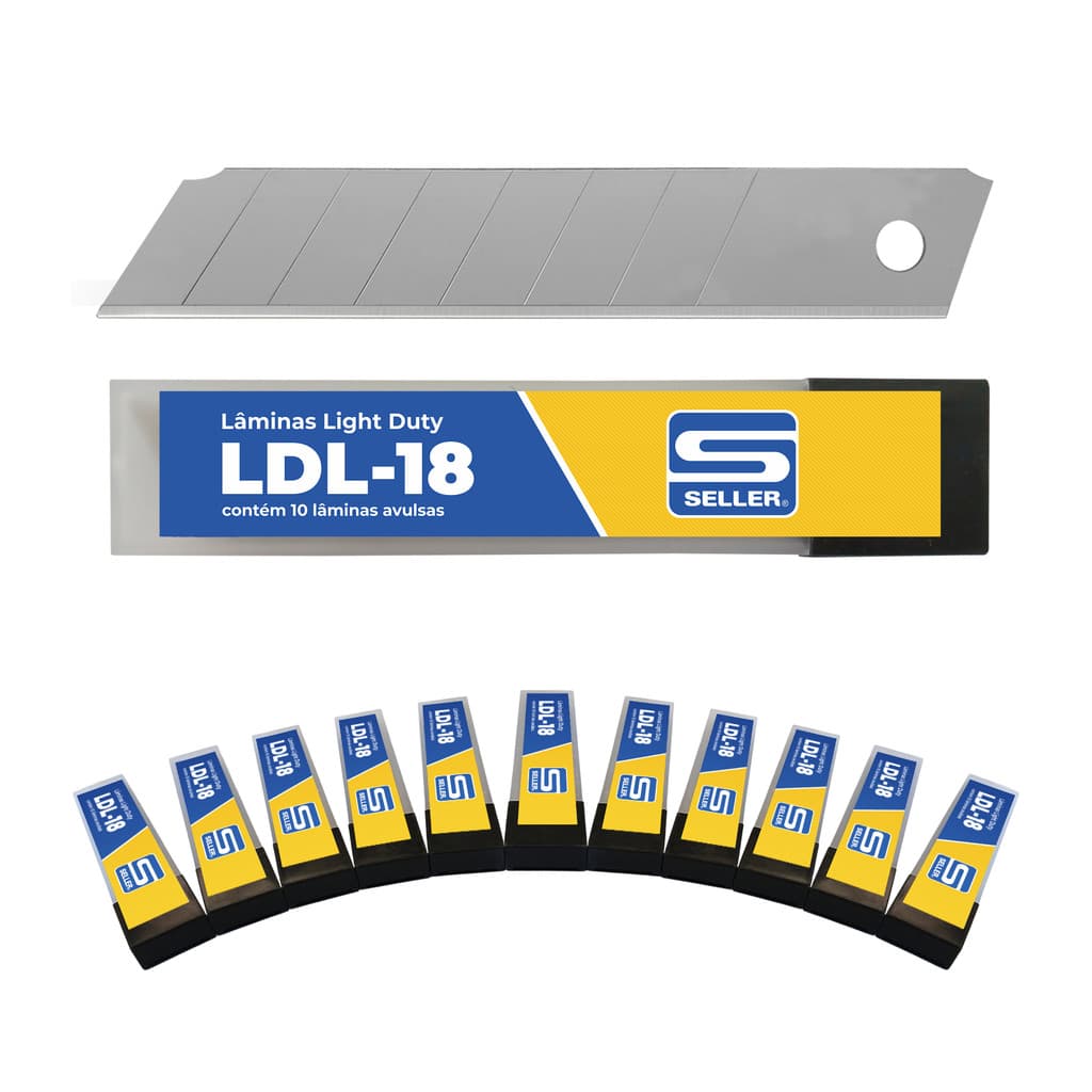 Lâmina Larga para Estilete LDL-18 Seller de 18mm Aço Carbono – Kit com 12 tubos com 10 lâminas cada
