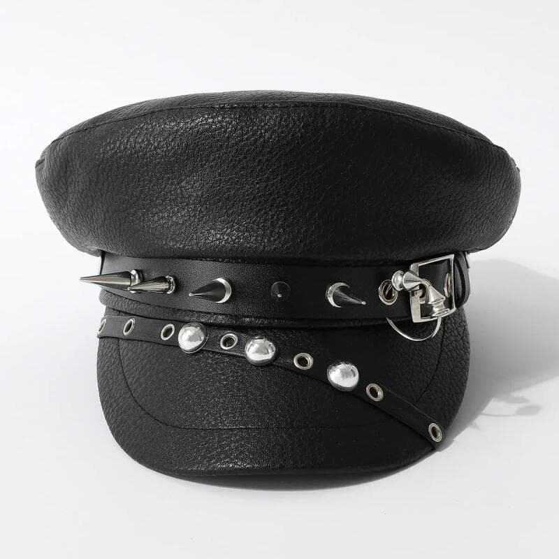 2025 New Leather Rivet Navy Cap for Men and Women Spring New Punk Hip Hop Beret Hat Black PU Leather Military Cap Gothic
