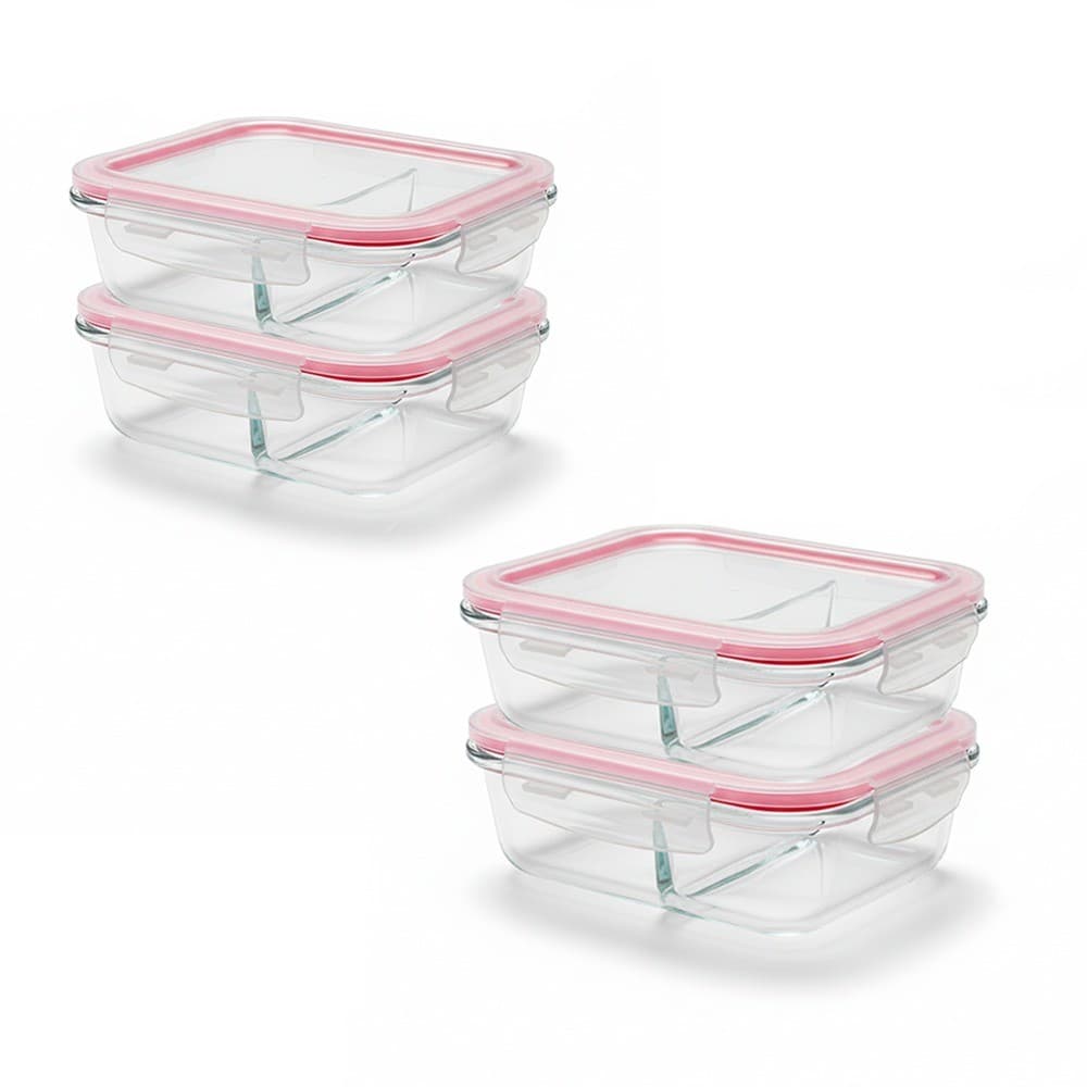Kit com 4 Potes Vidro 1040 ml Hermético Marmita Forno Refratário Divisória e Tampa