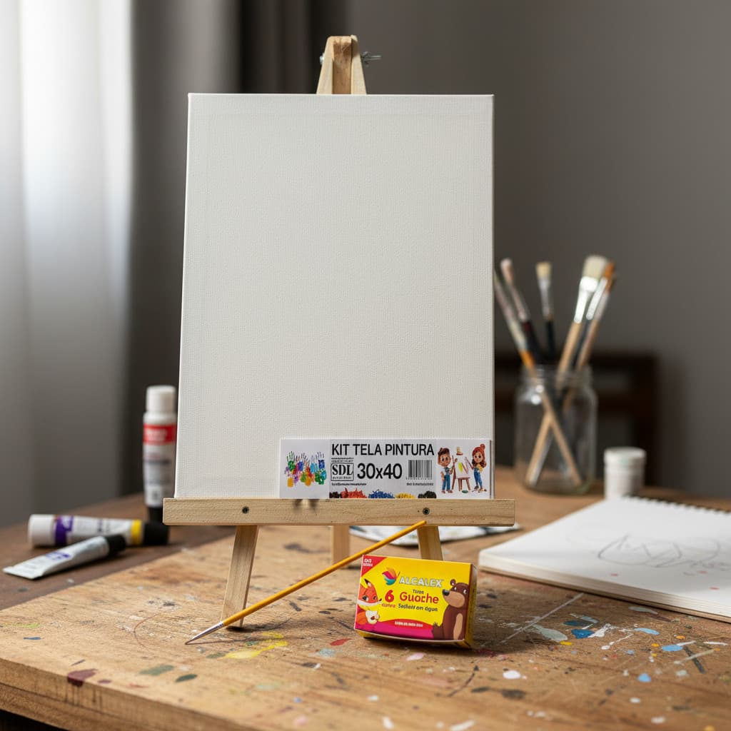 Kit Cavalete M + Tela 30x40 + Pincel + 6 Tinta Escolas Artes