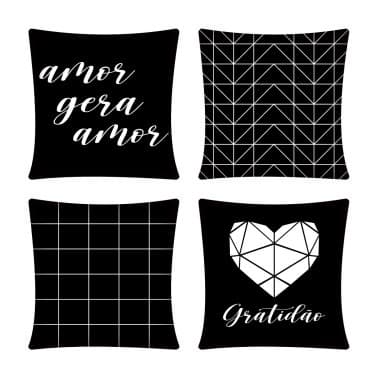 Kit com 4 capas de almofadas estampadas em preto e branco